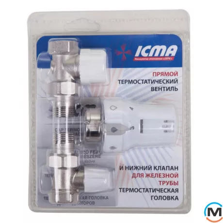 Термостатический комплект Icma KTE 986 1/2" прямой, Диаметр резьбы: 1/2", Исполнение: Прямой, Цвет: Никелированный, Нулевое положение: Есть, Присоединение: M28x1,5, фото 