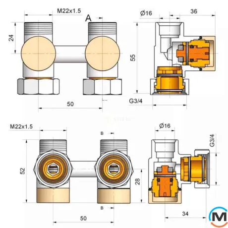 Комплект Schlosser эксклюзивных узлов прямой GZ 3/4 x M 22х1,5 2 шт ниппеля термоголовка MINI RAL9005 черный мат, фото , изображение 2