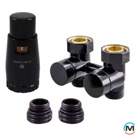 Комплект Schlosser эксклюзивных узлов прямой GZ 3/4 x M 22х1,5 2 шт ниппеля термоголовка MINI RAL9005 черный мат, фото 