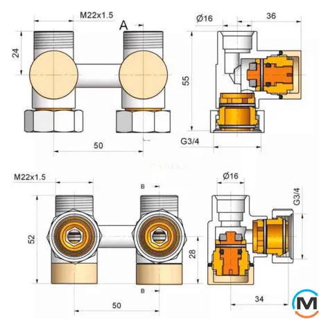 Комплект Schlosser эксклюзивных узлов угловой GZ 3/4 x M 22х1,5 2 шт ниппеля термоголовка MINI RAL9005 черный мат, фото , изображение 2