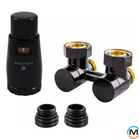 Комплект Schlosser эксклюзивных узлов угловой GZ 3/4 x M 22х1,5 2 шт ниппеля термоголовка MINI RAL9005 черный мат, фото 