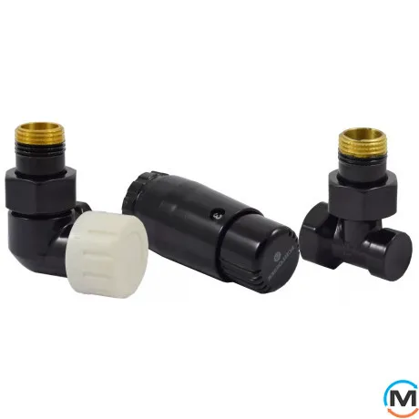 Комплект Schlosser термостатический GZ1/2 x GW1/2 осевой левый с головкой Mini M30x1,5 RAL9005 черный мат, фото 