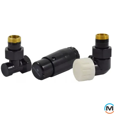 Комплект Schlosser термостатический GZ1/2 x GW1/2 осевой правый с головкой Mini M30x1,5 RAL9005 черный мат, фото 