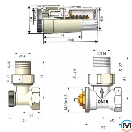 Комплект термостатический Schlosser GZ1/2 x GW1/2 угловой с головкой Mini M30x1,5 RAL9005 черный мат, фото , изображение 2