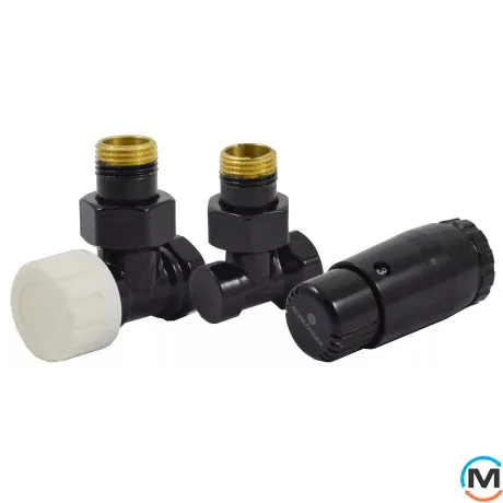 Комплект термостатический Schlosser GZ1/2 x GW1/2 угловой с головкой Mini M30x1,5 RAL9005 черный мат, фото 