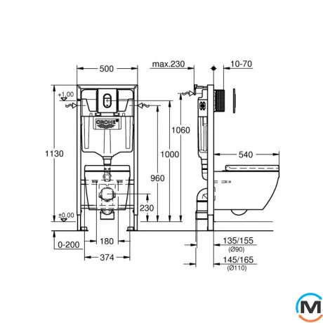 Комплект подвесного унитаза с инсталляцией Grohe Solido 5 в 1 с овальной кнопкой хром, фото , изображение 2