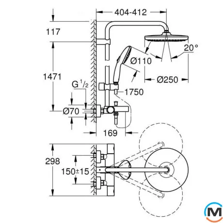 Душевая система с термостатом Grohe Tempesta 250 shower system THM bath 9 5l хром, фото , изображение 5