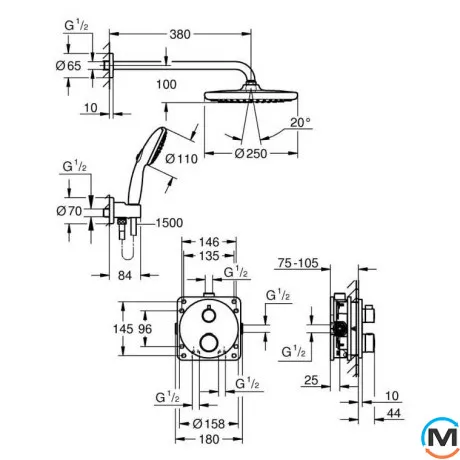 Душевая система скрытого монтажа Grohe Grohtherm с Tempesta 250 хром, фото , изображение 5