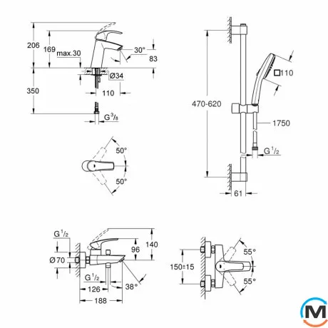 Комплект смесителей с душем Grohe EuroSmart черный матовый, фото , изображение 2