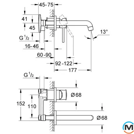 Смеситель для умывальника Grohe BauClassic монтаж со стены внешняя+внутренняя часть хром, фото , изображение 2