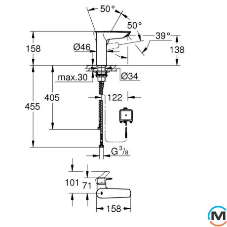 Смеситель для умывальника Grohe Eurosmart New с инфракрасной электроникой 6V хром, фото , зображення 6