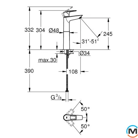 Смеситель для умывальника высокий Grohe BauLoop New XL-Size без донного клапана хром, фото , зображення 5
