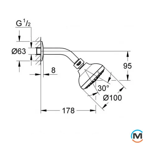 Верхний душ Grohe New Tempesta 100 с кронштейном хром, фото , изображение 2