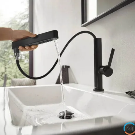 Смеситель для умывальника Hansgrohe Finoris 230 с выдвижным носиком 2JET и д/к push-open черный матовый, фото , изображение 3