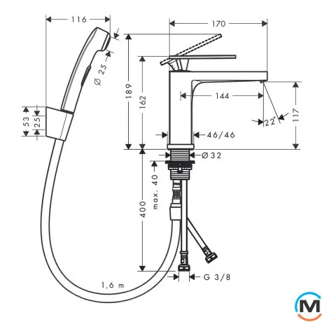 Смеситель для умывальника Hansgrohe Tecturis E 110 с гигиенической лейкой Matt Black, фото , зображення 5