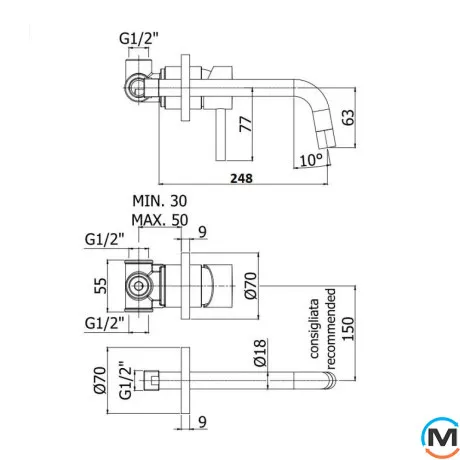 Смеситель для умывальника Paffoni Light настенный излив 24.8 см Steel Looking, фото , зображення 3