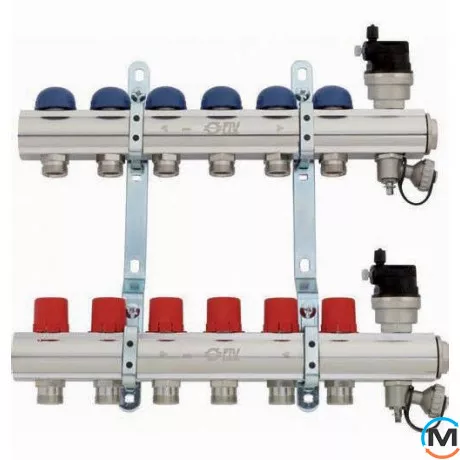 Колектор Fiv для опалення 7 вих., Кількість виходів: 7, Тип колектора: З термоклапанами, Діаметр вхід/вихід: 1", Діаметр підводів: 3/4", Різьблення підводів: Євроконус, фото 