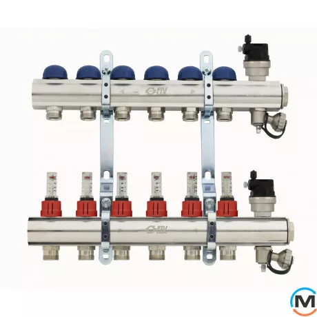 Колектор Fiv для теплої підлоги 11 вих., Кількість виходів: 11, Тип колектора: З витратомірами, Діаметр вхід/вихід: 1", Діаметр підводів: 3/4", Різьблення підводів: Євроконус, фото 