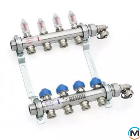 Колектор Rehau HKV-D 04 (Edelstahl) з нержавіючої сталі, Кількість виходів: 4, Тип колектора: З витратомірами, Діаметр вхід/вихід: 1", Діаметр підводів: 3/4", Різьблення підводів: Євроконус, Матеріал колектора: Нержавіюча сталь, фото 