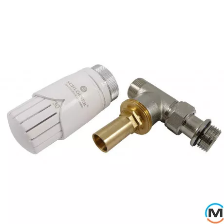 Комплект RTL термостатична головка Schlosser Diamant, з'єднання PEX, нікельований, кутовий, Виконання: Кутовий, Колір: Нікельований, фото 