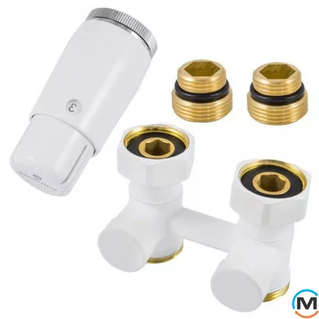 Комплект радиаторный угловой, белый Schlosser 3/4x3/4 + 2 1/2x3/4, Диаметр резьбы: 3/4", Исполнение: Угловой, Цвет: Белый, Нулевое положение: Нет, Присоединение: М30х1,5, фото 