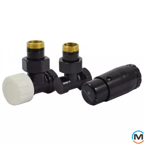 Комплект термостатический Schlosser , черный, угловой, Диаметр резьбы: 1/2", Исполнение: Угловой, Цвет: Черный, Нулевое положение: Нет, Присоединение: М30х1,5, фото 