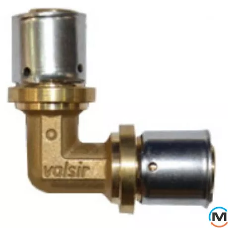 Уголок Valsir пресс 16, Назначение труб: Универсальная, Диаметр (мм): 16, Рабочее давление (бар): 10, Материал: Латунь, фото 