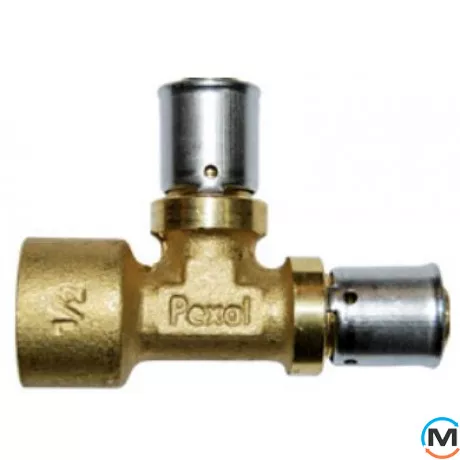 Трійник прес Valsir 1/2"Вх16х16, Тип різьблення: Внутрішня, Діаметр різьблення: 1/2", Модифікація: 1/2"Вх16х16, Призначення труб: Универсальная, Діаметр (мм): 16, Робочий тиск (бар): 10, Матеріал: Латунь, фото 