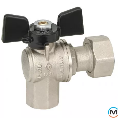 Кран кульовий Bugatti американка кутовий НГ 3/4 "х3/4", Тип різьблення: Внутрішня/Внутрішня, Діаметр різьблення: 3/4"х3/4", Виконання: Кутовий, Тип ручки: Метелик, Робочий тиск (бар): 20, Матеріал: Латунь, фото 