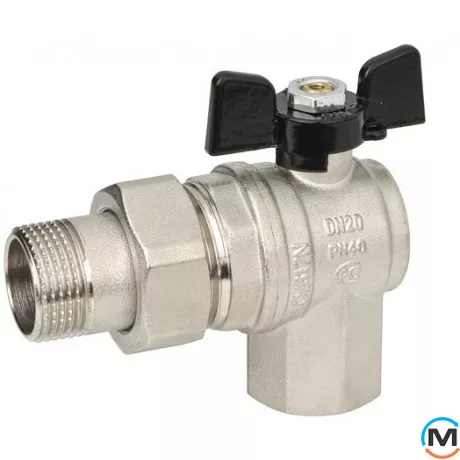 Кран кульовий Bugatti американка кутовий вн.-нар. 1", Тип різьблення: Внутрішня/Зовнішня, Діаметр різьблення: 1", Виконання: Кутовий, Тип ручки: Метелик, Робочий тиск (бар): 20, Матеріал: Латунь, фото 