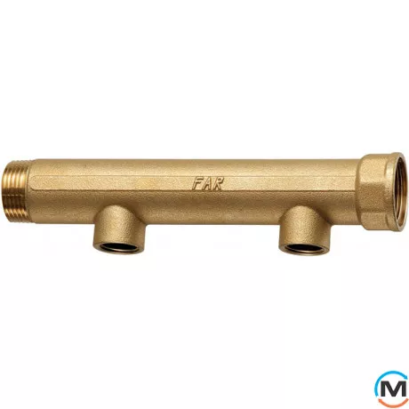Модульний колектор FAR 2 відведення 1 1/2" x 1" ВР, Тип різьблення: Внутрішня, Кількість виходів: 2, Тип колектора: Простий, Діаметр вхід/вихід: 1", Діаметр підводів: 1/2", Різьблення підводів: Трубна, Матеріал колектора: Латунь, фото 