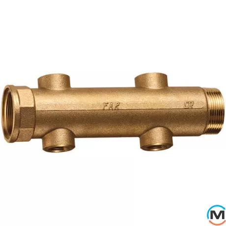 Модульний колектор FAR 6 відведення 1 1/2" x 1" НР, Тип різьблення: Зовнішня, Кількість виходів: 6, Тип колектора: Простий, Діаметр вхід/вихід: 1 1/2", Діаметр підводів: 1", Різьблення підводів: Трубна, Матеріал колектора: Латунь, фото 