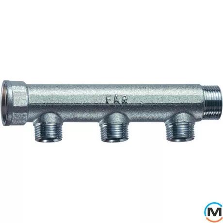 Колектор FAR 3 відведення 1"x3/4" ТР, Кількість виходів: 3, Тип колектора: Простий, Діаметр вхід/вихід: 1", Діаметр підводів: 3/4", Різьблення підводів: Трубна, фото 