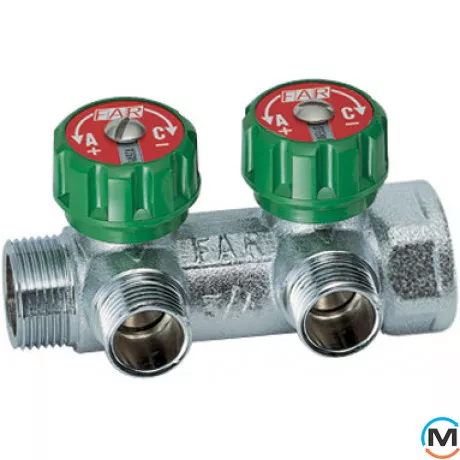 Регулюючий колектор FAR 2 відведення 3/4" МР, Тип різьблення: Внутрішня/Зовнішня, Кількість виходів: 2, Тип колектора: З вентилем, Діаметр вхід/вихід: 3/4", Діаметр підводів: 3/4", Різьблення підводів: Метрична, Матеріал колектора: Латунь, фото 