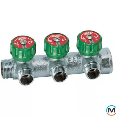 Регулюючий колектор FAR з 3 відводами 3/4"x1/2", Тип різьблення: Внутрішня/Зовнішня, Кількість виходів: 3, Тип колектора: З вентилем, Діаметр вхід/вихід: 3/4", Діаметр підводів: 1/2", Різьблення підводів: Трубна, Матеріал колектора: Латунь, фото 