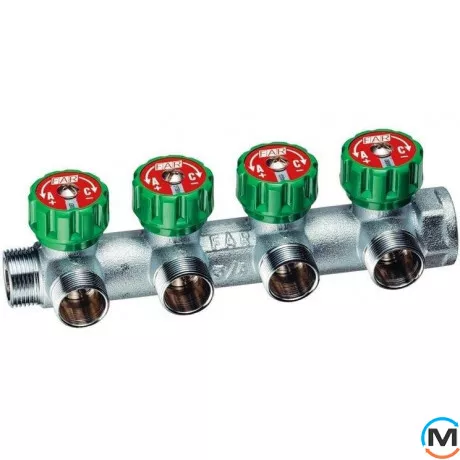 Регулюючий колектор FAR 4 відведення 3/4"x1/2", Тип різьблення: Внутрішня/Зовнішня, Кількість виходів: 4, Тип колектора: З вентилем, Діаметр вхід/вихід: 3/4", Діаметр підводів: 1/2", Різьблення підводів: Євроконус, Матеріал колектора: Латунь, фото 