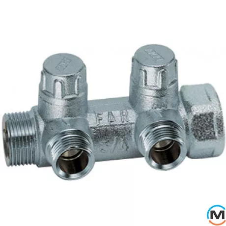 Запорный коллектор FAR 2 отвода 1"x3/4", Количество выходов: 2, Тип коллектора: С вентилем, Диаметр вход/выход: 1", Диаметр подводов: 3/4", Резьба подводов: Евроконус, Материал коллектора: Латунь, фото 