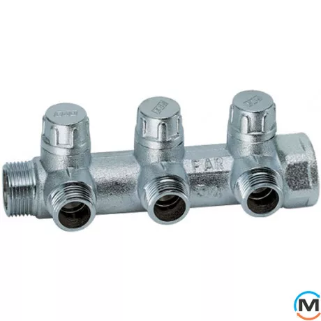 Запорный коллектор FAR 3 отвода 1"x3/4", Количество выходов: 3, Тип коллектора: С вентилем, Диаметр вход/выход: 1", Диаметр подводов: 3/4", Резьба подводов: Евроконус, Материал коллектора: Латунь, фото 