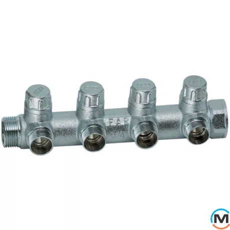 Запірний колектор FAR 4 відведення 1"x3/4", Кількість виходів: 4, Тип колектора: З вентилем, Діаметр вхід/вихід: 1", Діаметр підводів: 3/4", Різьблення підводів: Євроконус, Матеріал колектора: Латунь, фото 