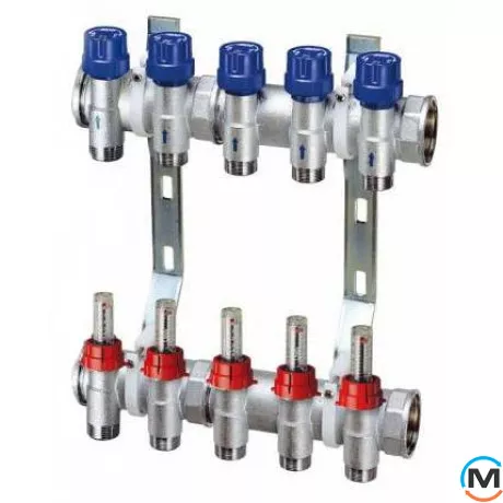 Колектор з витратомірами FAR 3+3 відведення 1" MP, Кількість виходів: 3, Тип колектора: З витратомірами, Діаметр вхід/вихід: 1", Діаметр підводів: 3/4", Різьблення підводів: Метрична, фото 