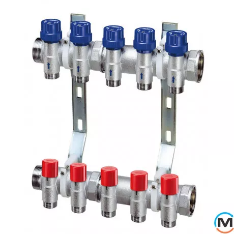 Регулюючий колектор FAR 9+9 відведення 1"x3/4", Кількість виходів: 9, Тип колектора: З термоклапанами, Діаметр вхід/вихід: 1", Діаметр підводів: 3/4", Різьблення підводів: Євроконус, фото 