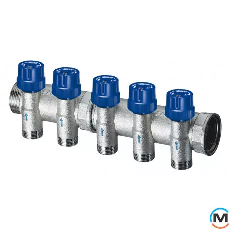 Терморегулюючий колектор FAR 2 відведення 1 1/4"x3/4", Кількість виходів: 2, Тип колектора: З термоклапанами, Діаметр вхід/вихід: 1 1/4", Діаметр підводів: 3/4", Різьблення підводів: Євроконус, фото 