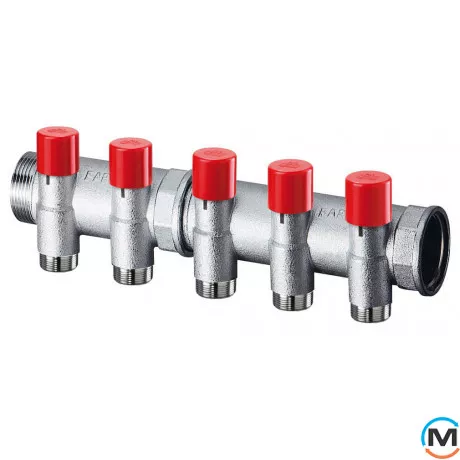 Запірний колектор FAR 3 відведення 1 1/4"x3/4", Кількість виходів: 3, Тип колектора: З вентилем, Діаметр вхід/вихід: 1 1/4", Діаметр підводів: 3/4", Різьблення підводів: Євроконус, фото 