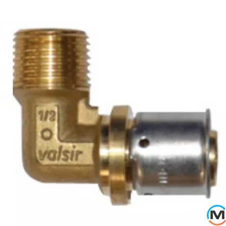 Уголок пресс Valsir с наружной резьбой 20х1", Тип резьбы: Наружная, Диаметр резьбы: 1", Назначение труб: Универсальная, Диаметр (мм): 20, Рабочее давление (бар): 10, Материал: Латунь, фото 