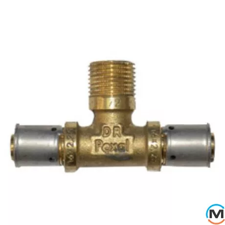 Тройник пресс Valsir 20х1/2"Нх20, Тип резьбы: Наружная, Диаметр резьбы: 1/2", Модификация: 20х1/2"Нх20, Назначение труб: Универсальная, Диаметр (мм): 20, Рабочее давление (бар): 10, Материал: Латунь, фото 