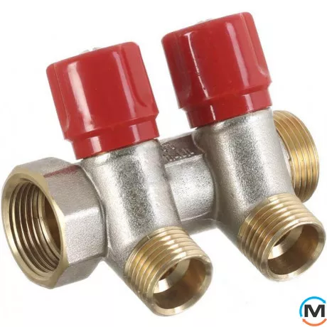 Колектор Bianchi з вінцями Ø3/4" х 2 х 1/2" ЗР хром (червоний) I=36 мм, Колір: червоний, Кількість виходів: 2, Тип колектора: З вентилем, Діаметр вхід/вихід: 3/4", Діаметр підводів: 1/2", Різьблення підводів: Трубна, фото 