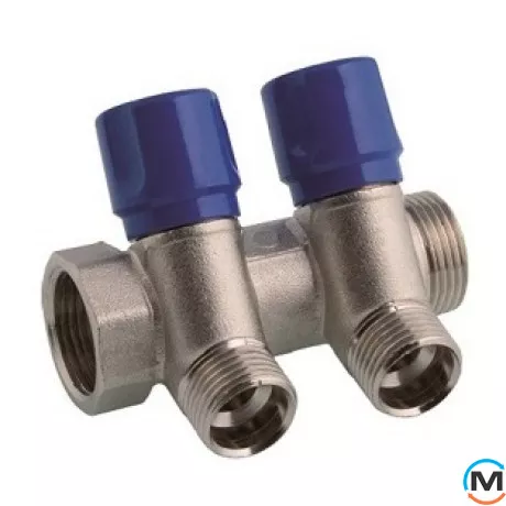 Колектор Bianchi з вінцями Ø3/4" х 2 х 1/2" ЗР хром (синій) I=36 мм, Колір: Синій, Кількість виходів: 2, Тип колектора: З вентилем, Діаметр вхід/вихід: 3/4", Діаметр підводів: 1/2", Різьблення підводів: Євроконус, фото 