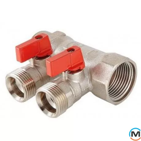 Колектор Bianchi з кульовими кранами Ø1" х 2 х 3/4"ЗР (червоний) I=45 мм, Колір: червоний, Кількість виходів: 2, Тип колектора: З кульовим краном, Діаметр вхід/вихід: 1", Діаметр підводів: 3/4", Різьблення підводів: Трубна, фото 