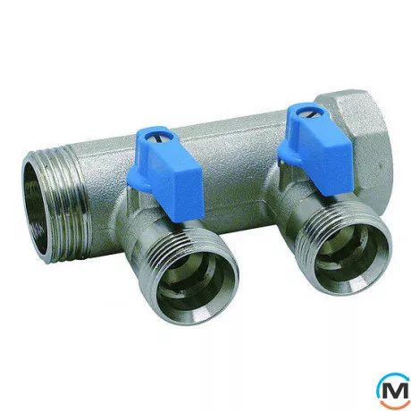 Колектор Bianchi із кульовими кранами Ø1" х 2 х 3/4"ЗР (синій) I=45 мм, Колір: Синій, Кількість виходів: 2, Тип колектора: З кульовим краном, Діаметр вхід/вихід: 1", Діаметр підводів: 3/4", Різьблення підводів: Трубна, фото 