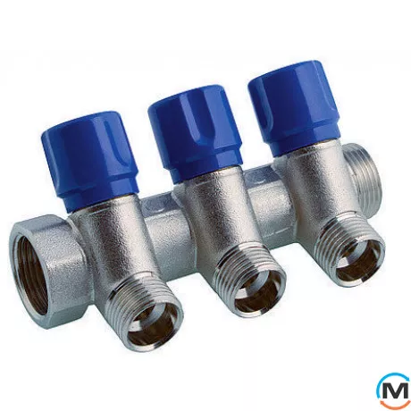 Колектор Bianchi з вінцями Ø3/4" х 3 х 1/2" ЗР хром (синій) I=36 мм, Колір: Синій, Кількість виходів: 3, Тип колектора: З вентилем, Діаметр вхід/вихід: 3/4", Діаметр підводів: 1/2", Різьблення підводів: Трубна, фото 